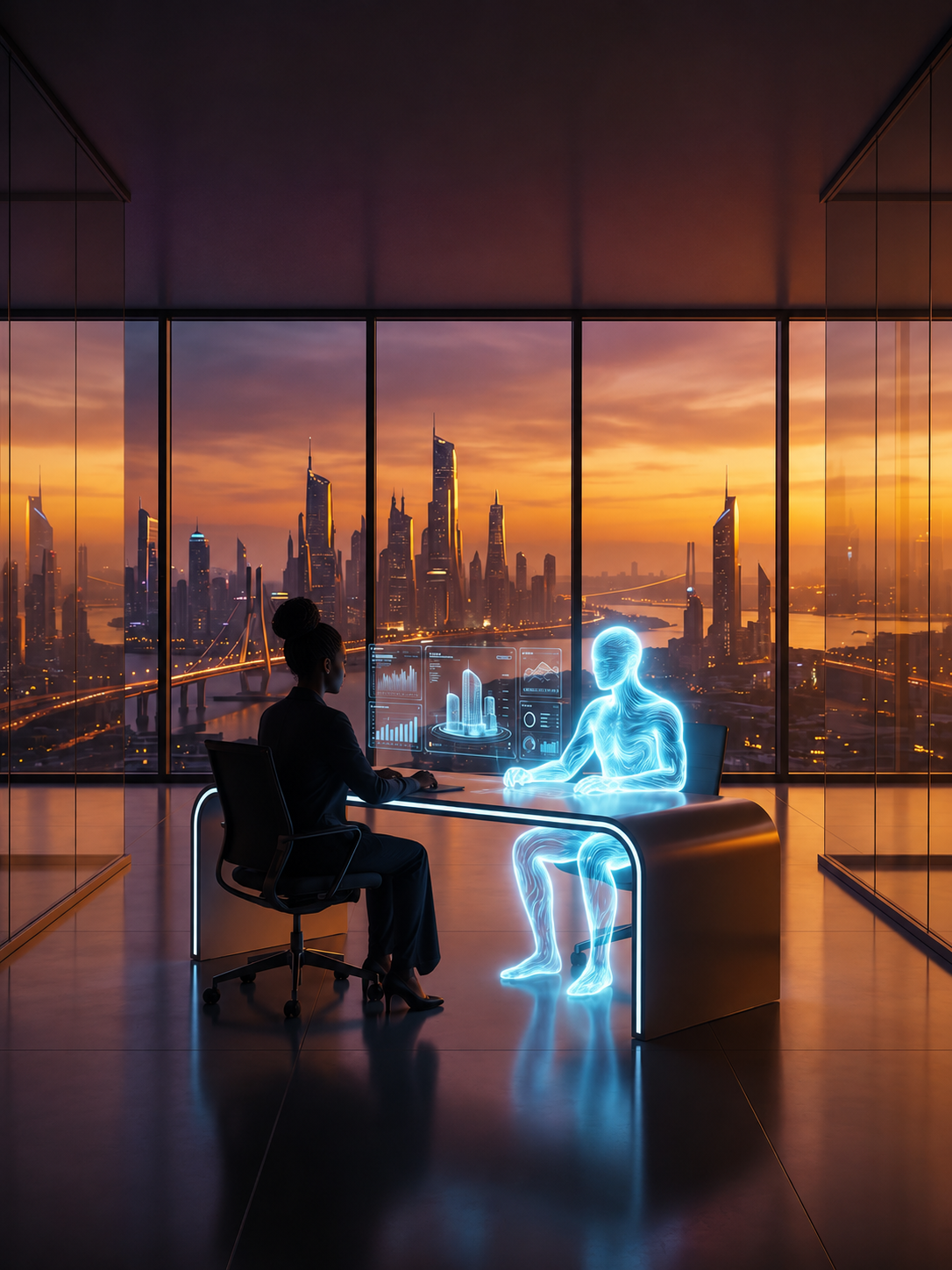 A person and a luminous AI figure working together at a dashboard, city skyline at dusk
