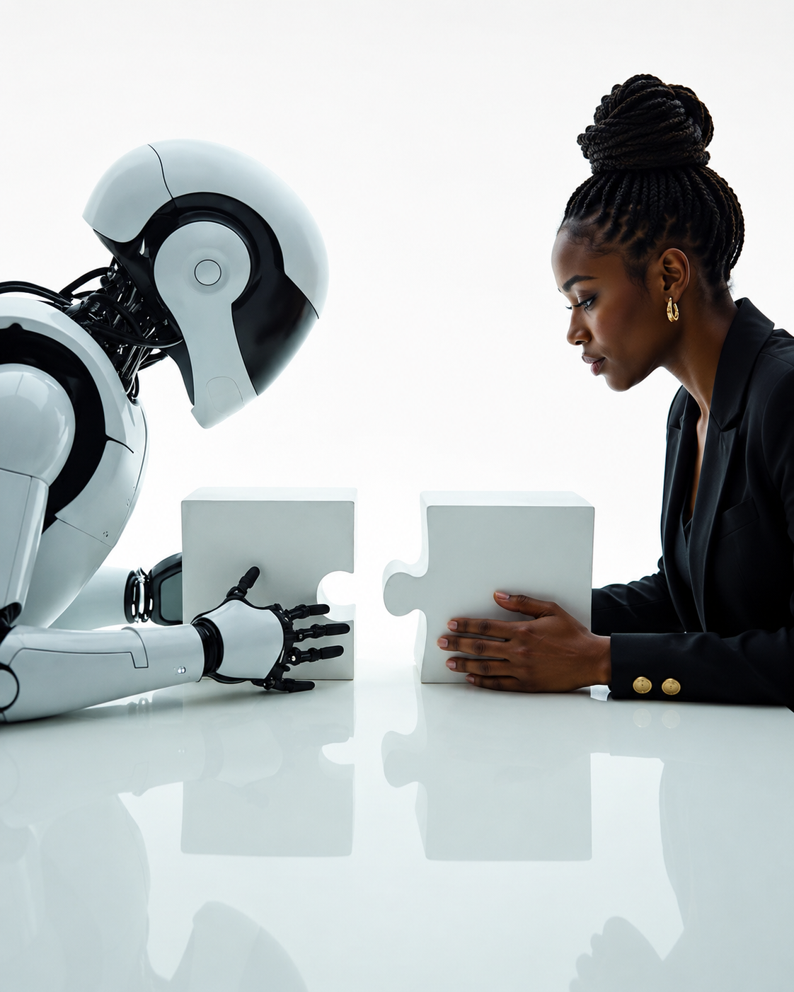 A businesswoman and a robot each holding a puzzle piece, bringing the two halves together