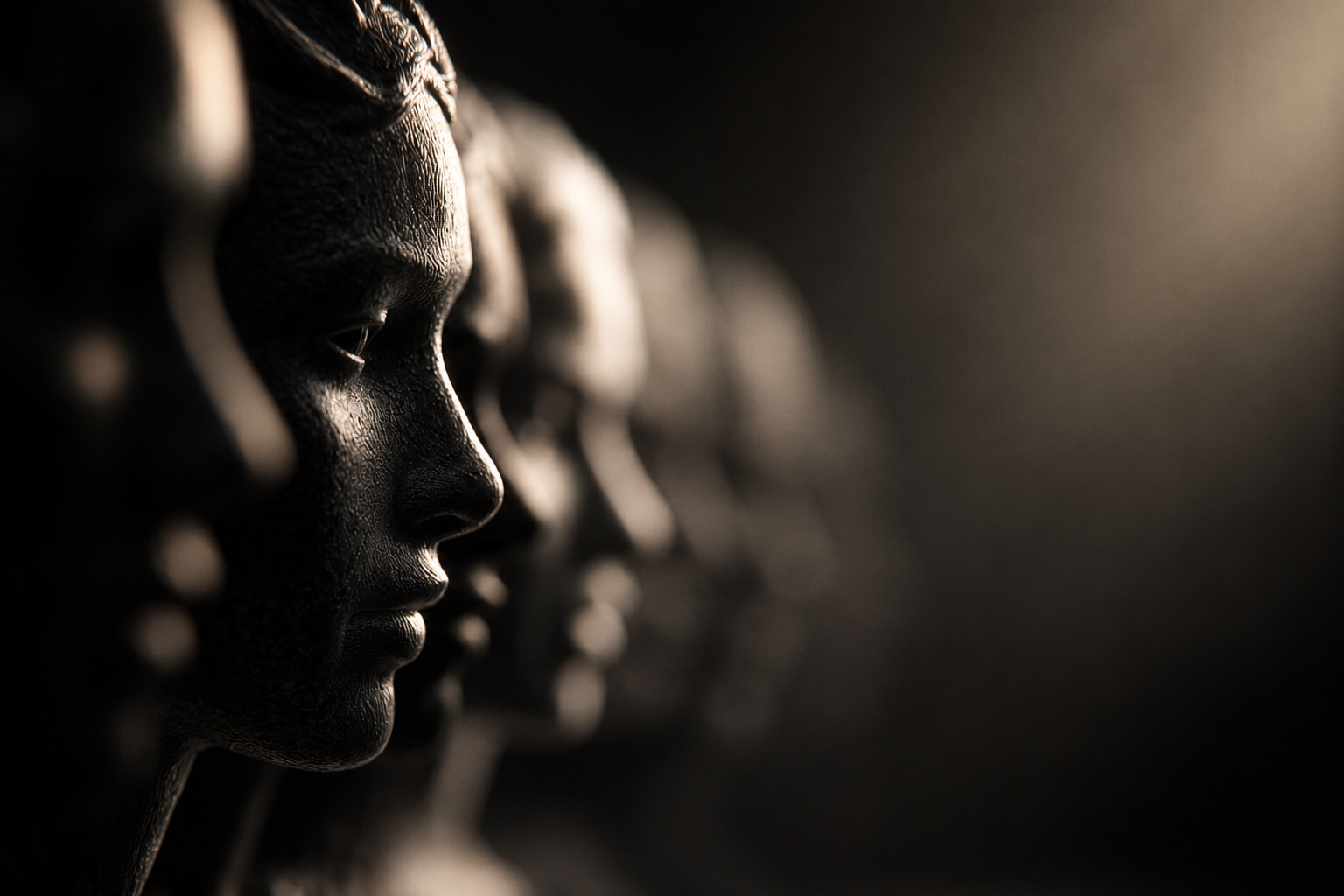Several sculpted faces receding into shadow while one becomes clearly visible.