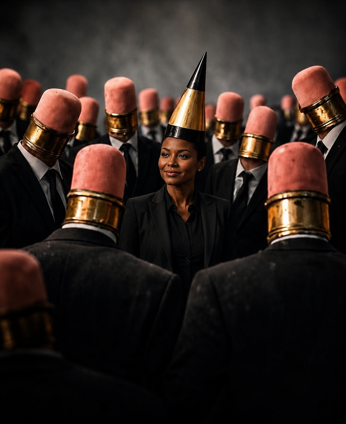 A sharpened pencil standing among erasers, each dressed in the same suit.